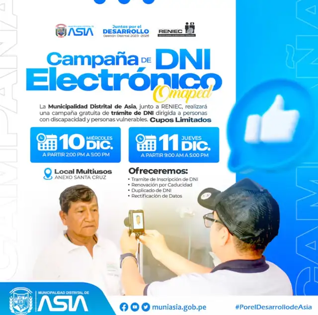 Municipalidad de Asia realizará campaña gratuita del DNI electrónico.