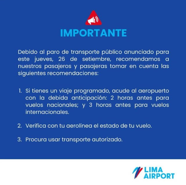 Aeropuerto Jorge Chávez se pronuncia tras paro de transportistas este 26 de septiembre.