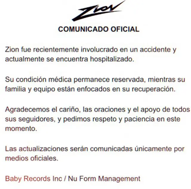  Comunicado de la empresa de Zion sobre el accidente. Foto: Instagram   