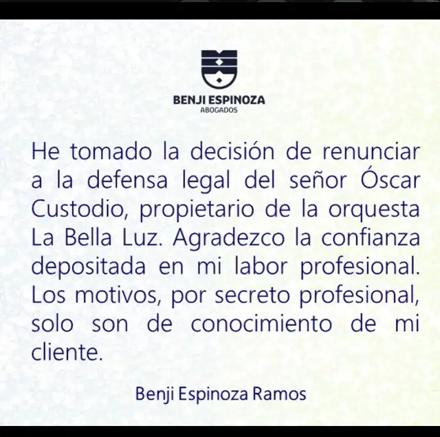 Benji Espinoza renuncia a defensa legal de Óscar Custodio Benji Espinoza renuncia a defensa legal de Óscar Custodio
