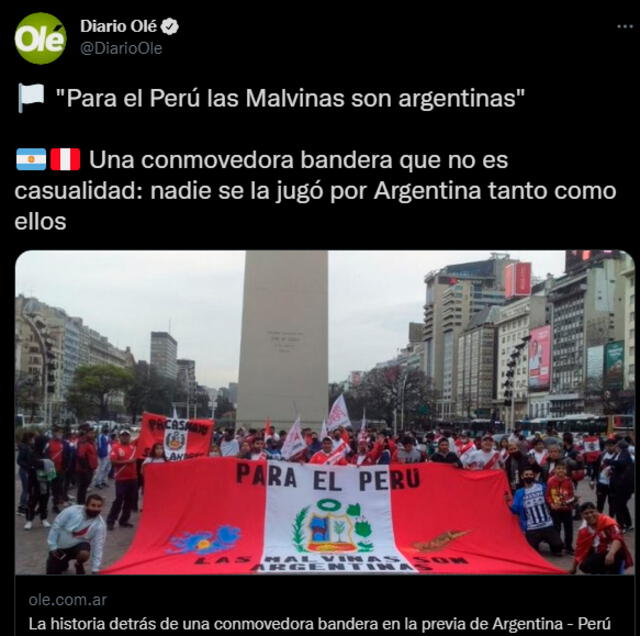 Diario Olé replicó la bandera peruana dedicada para Argentina - FUENTE: Twitter.   