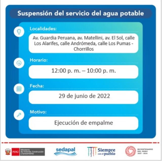 Sedapal anuncia corte de agua en Chorrillos. Crédito: Twitter: Sedapal Sedapal anuncia corte de agua en Chorrillos. Crédito: Twitter: Sedapal