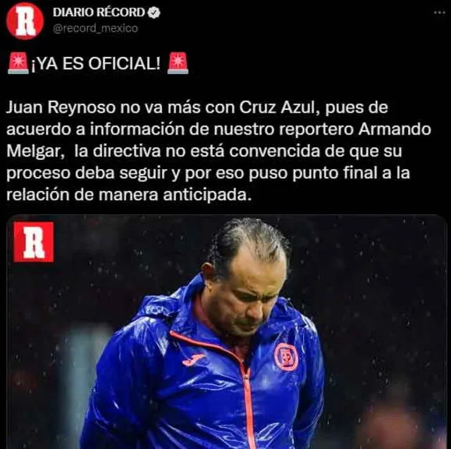 El Diario Récord de México informó acerca de la salida de Juan Reynoso. / FUENTE: Twitter.   