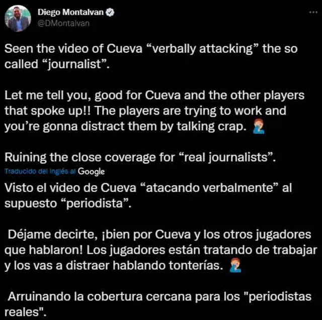 El comentario del periodista Montalván sobre lo sucedido entre Cueva y Valencia. / FUENTE: Twitter.   