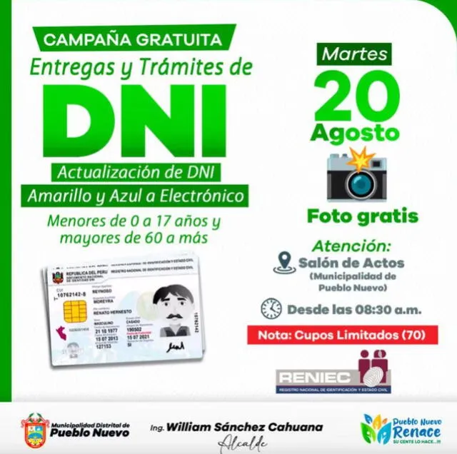 DNI electrónico gratis en Pueblo Nuevo. 