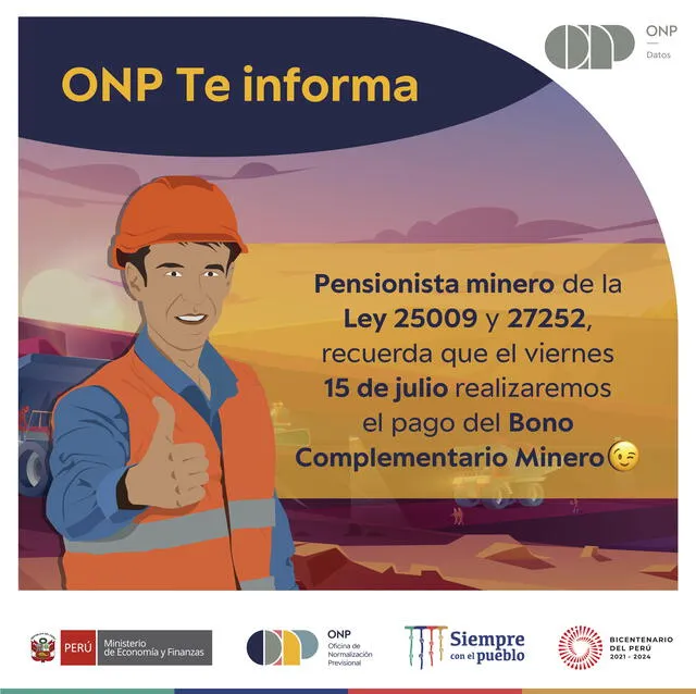  Pago del bono minero informa ONP.   