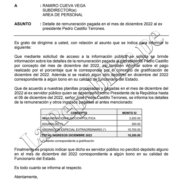 Pedro Castillo recibió S/ 19.200 en su calidad de expresidente.   