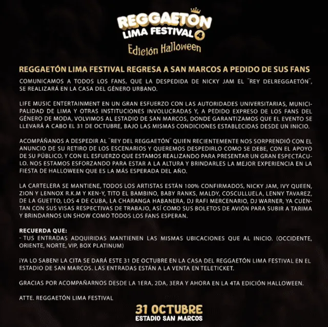 Comunicado del Reggaetón Lima Festival.