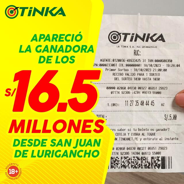 Boleto ganador del pozo millonario de La Tinka.