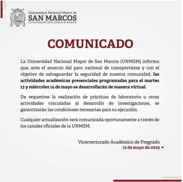 San Marcos suspende sus clases este 13 y 14 de mayo.