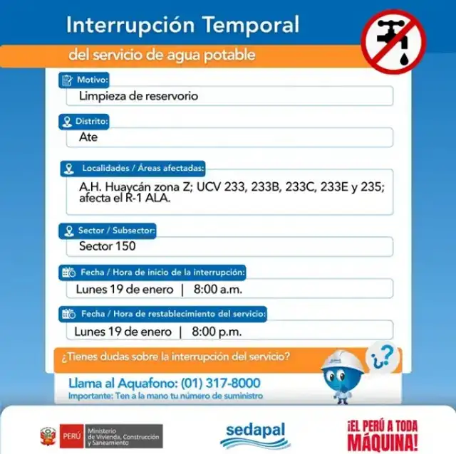Sedapal confirma corte de agua en Ate por 12 horas para este lunes.
