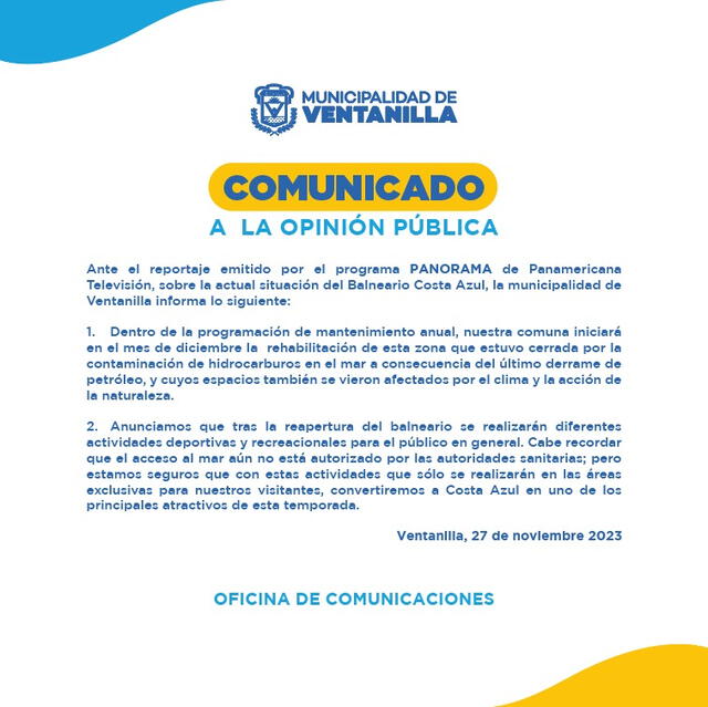 Municipalidad de Ventanilla se pronuncia sobre reportaje de Panorama. 