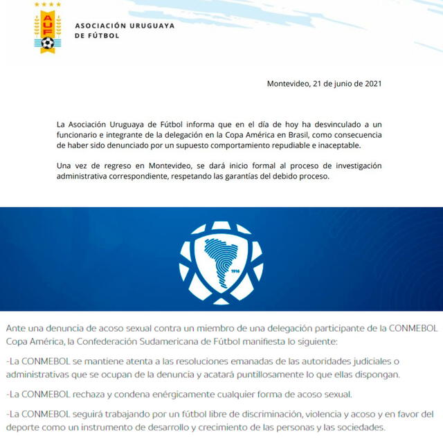 La Asociación Uruguaya de Fútbol expulsó al miembro de su delegación por denuncia de acoso sexual. FUENTE: AUF.   