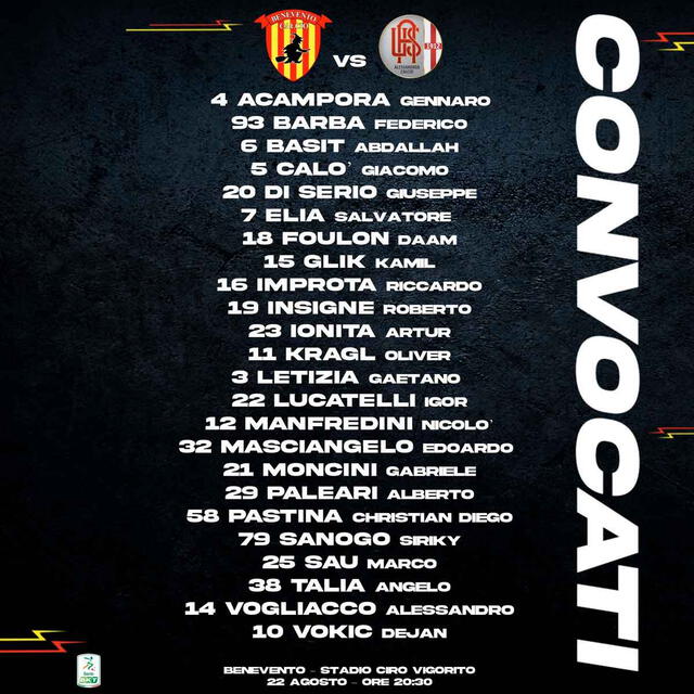 Benevento debutará sin Lapadula. | FUENTE: Twitter. 