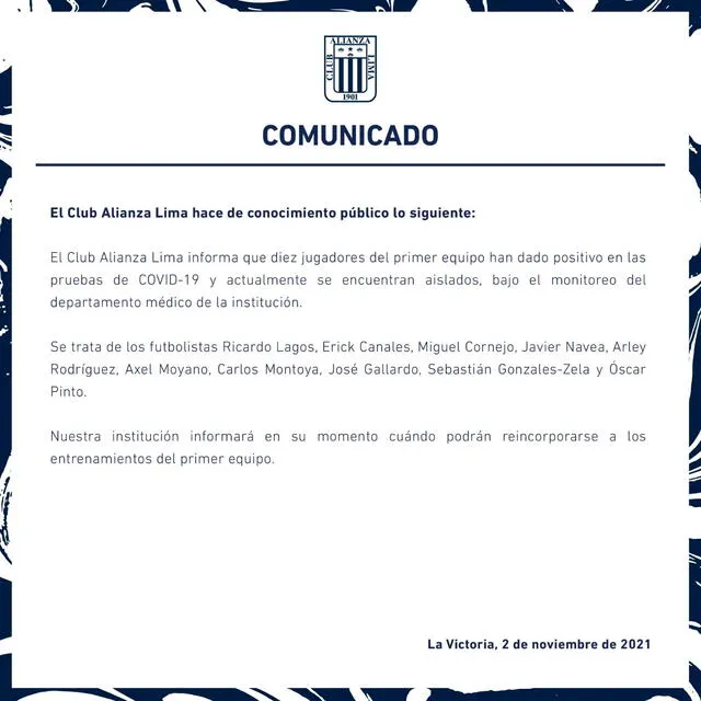 Alianza Lima informó que tiene a casi un equipo entero de contagiados con coronavirus. | FUENTE: Facebook.   