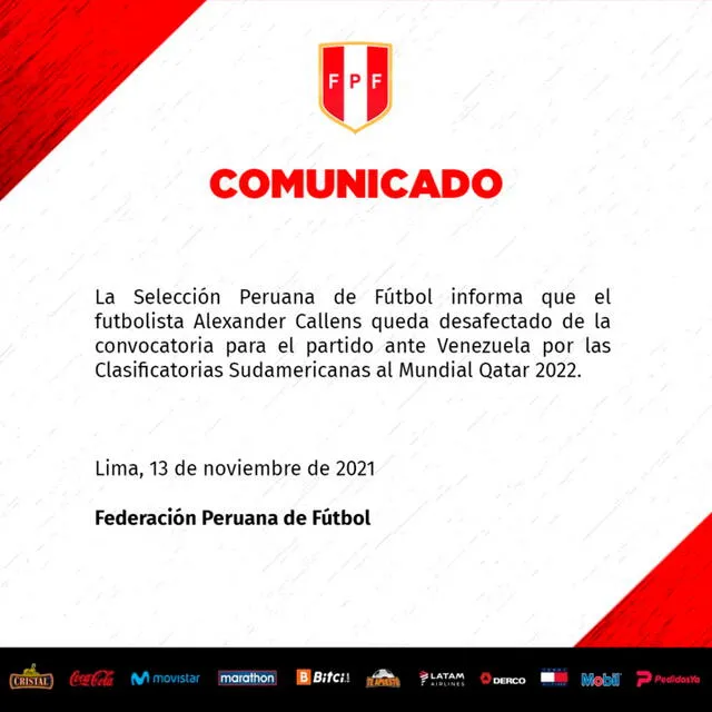 El comunicado de la selección peruana sobre Alexander Callens. | FUENTE: FPF. 