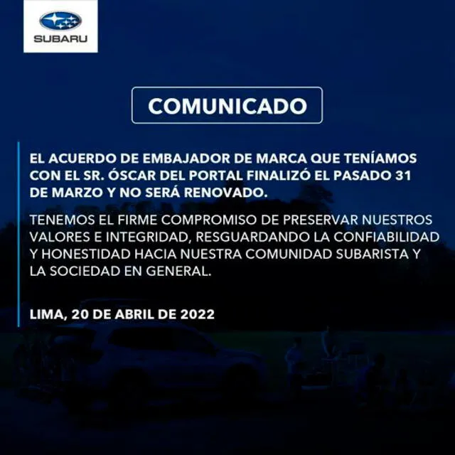 Comunicado oficial de la empresa Subaru sobre Óscar del Portal. | FUENTE: Redes sociales.   