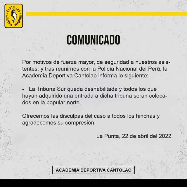 El comunicado de la Academia Cantolao sobre el ingreso de hinchas. / FUENTE: Twitter. 