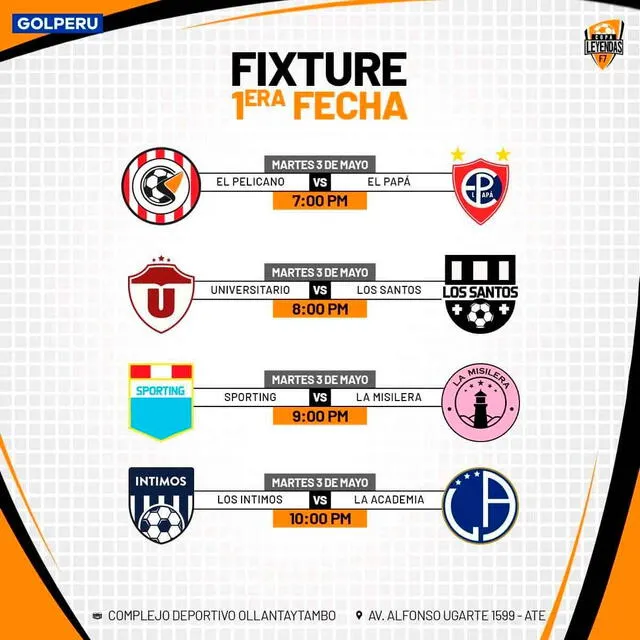 La programación completa de la fecha 1 de Copa Leyendas. / FUENTE: GOLPERU.   