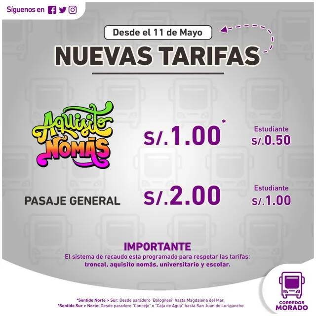 Nueva tarifa en el corredor morado   