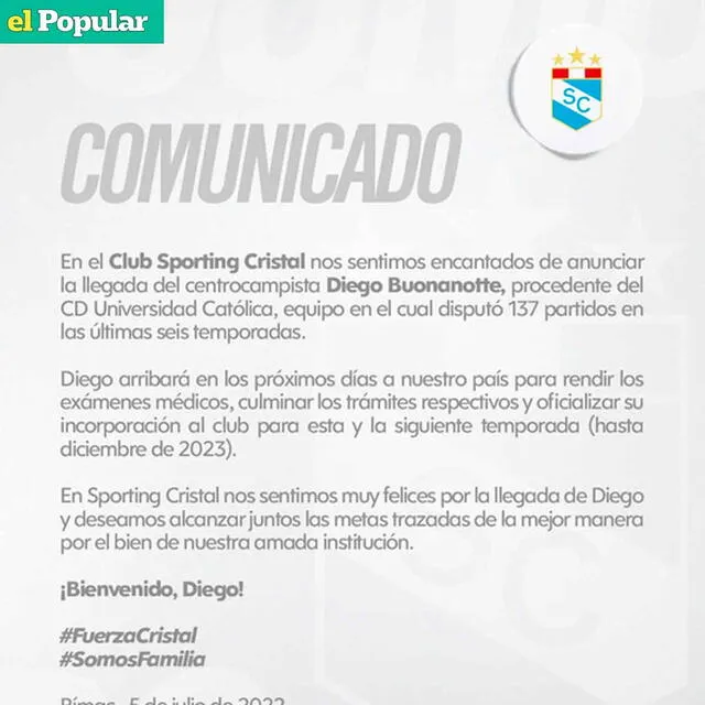 Comunicado de Sporting Cristal sobre el fichaje de Diego Buonanotte. / FUENTE: Twitter.   