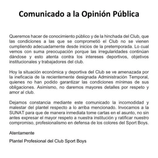 Sport Boys atraviesa un momento difícil, desde el lado económico. / FUENTE: Twitter. 