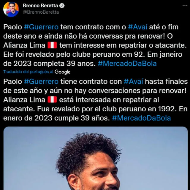 Periodista indica que Alianza Lima está tras los pasos de Paolo Guerrero. / FUENTE: Twitter.  