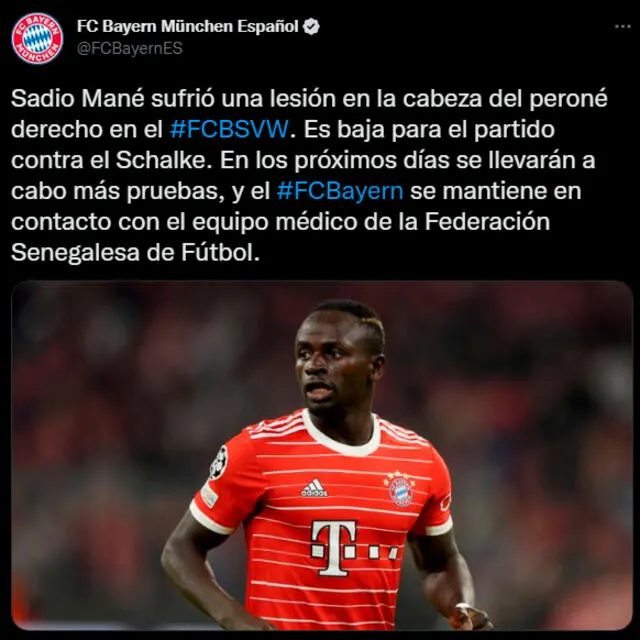 Bayern Múnich informó sobre la salud de Sadio Mané. / FUENTE: Twitter.   