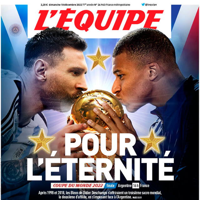 El diario deportivo de Francia publicó su portada para la gran final de la Copa del Mundo. / FUENTE: L'Equipe.   