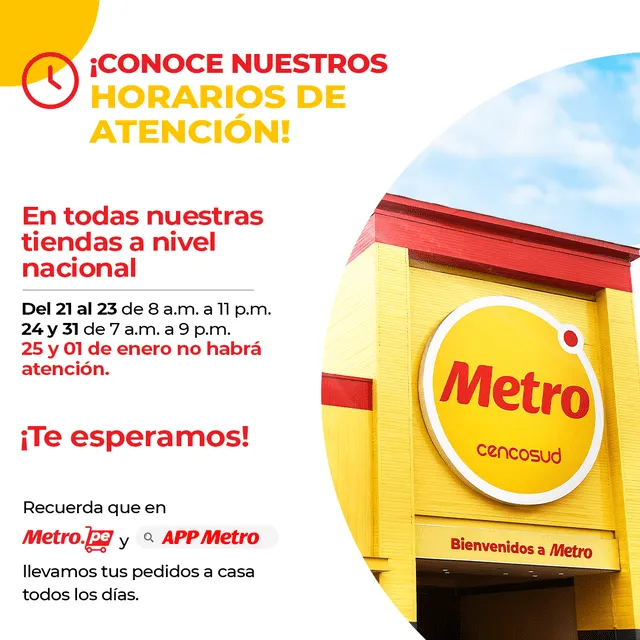 Metro anunció el horario de atención de sus tiendas a través de sus redes sociales. Crédito: Facebook. 