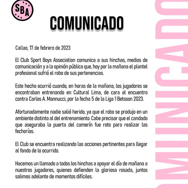 Comunicado de Sport Boys sobre el robo. 