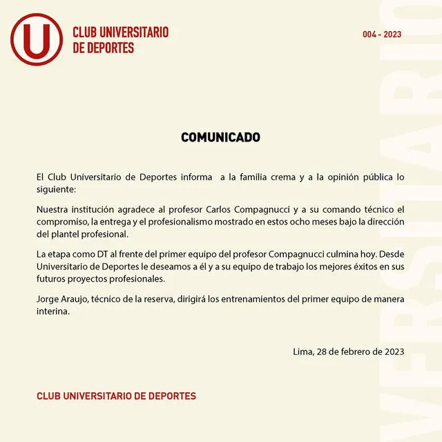 Comunicado de Universitario sobre Compagnucci.   