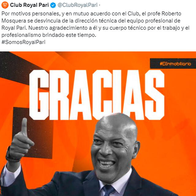 Roberto Mosquera no sigue en Royal Pari.   