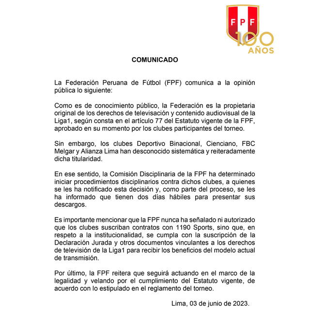 FPF y el comunicado sobre los derechos de TV.   