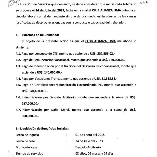 Los puntos que exige Chicho Salas que Alianza Lima le pague por sus años de servicio.