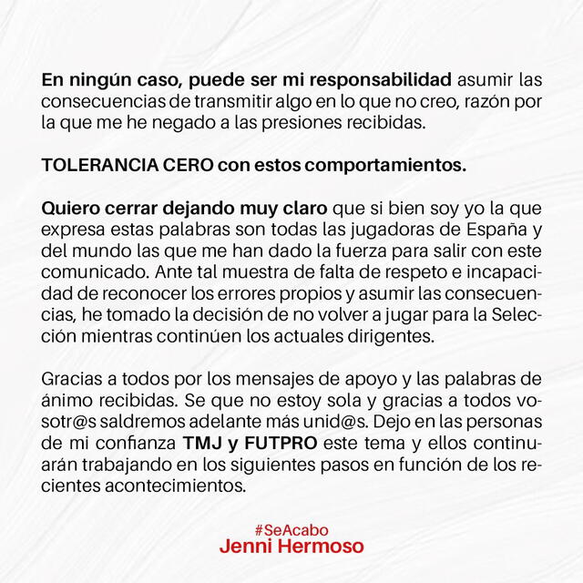  Final del comunicado de Jenni Hermoso tras el escándalo de Luis Rubiales. Foto: Twitter 