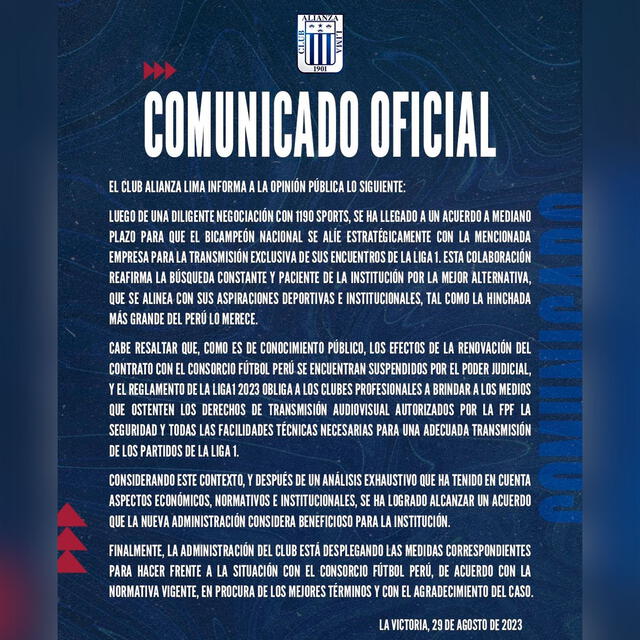 Comunicado de Alianza Lima sobre los derechos de transmisión con Liga 1.