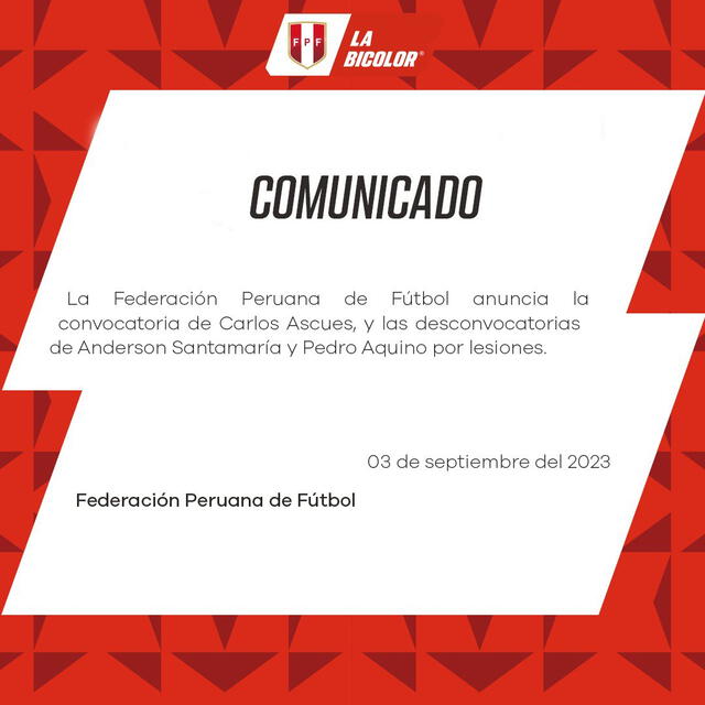 El comunicado de la FPF para anunciar la convocatoria de Carlos Ascues.