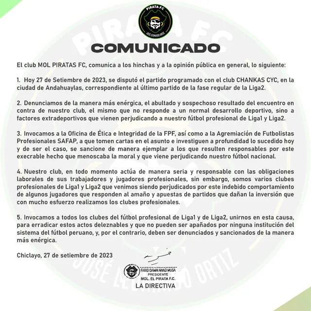 Comunicado de Pirata FC en el que denuncia un supuesto 'amaño' de partido ante Los Chankas | Foto: Twitter/X   