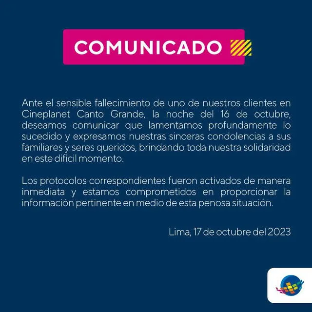 Comunicado de Cineplanet tras muerte de uno de sus clientes en su sede de San Juan de Lurigancho.   