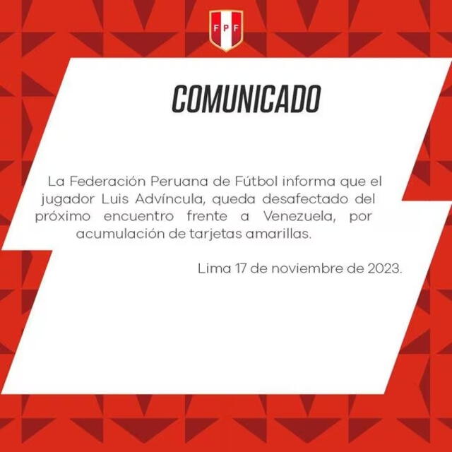 Comunicado de la FPF sobre Luis Advíncula.   