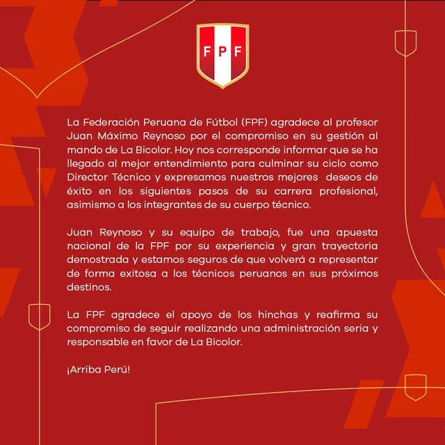 FPF oficializó así la salida de Juan Reynoso   
