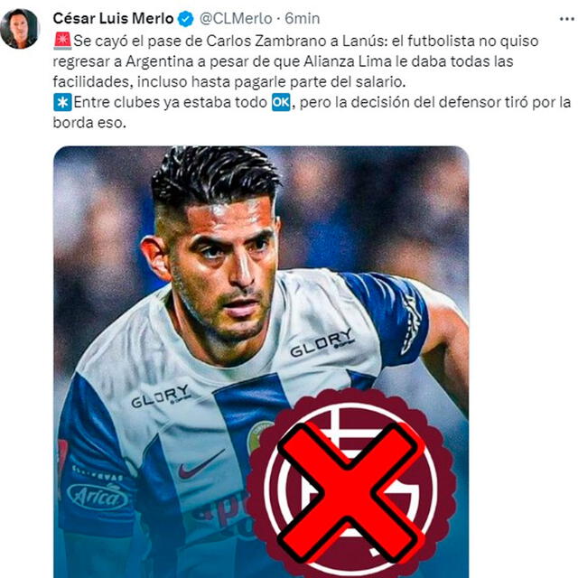 Carlos Zambrano no quiere jugar en Lanús. / Foto: X.   