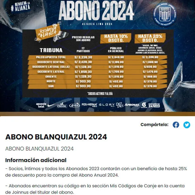 Abono Blanquiazul de Alianza Lima para la temporada 2024.