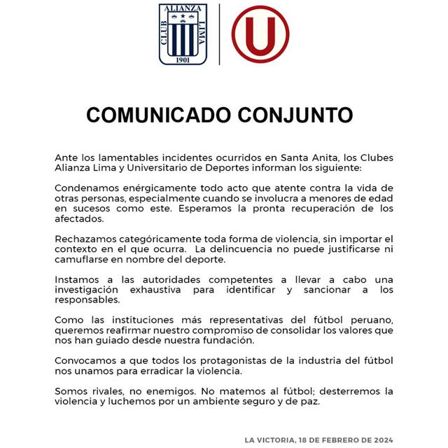 Comunicado de Alianza Lima y Universitario para rechazar la violencia.