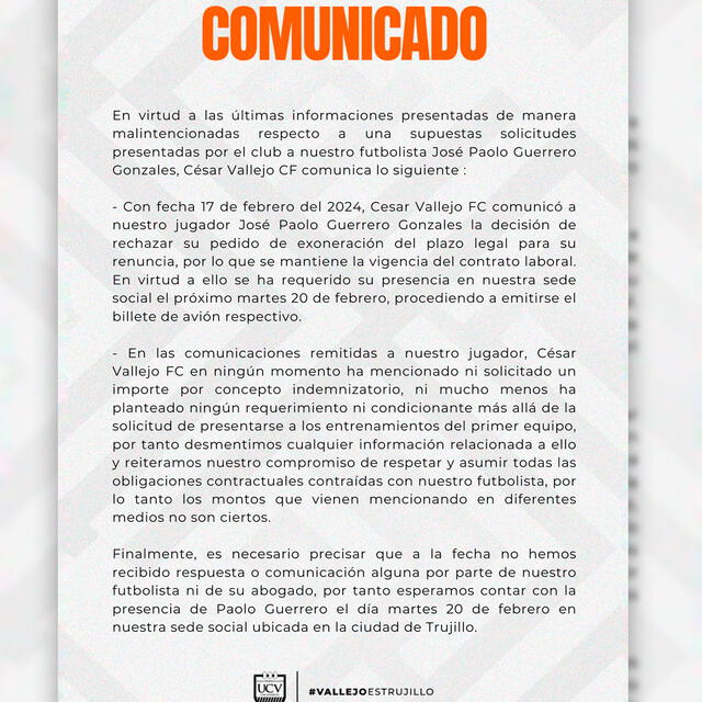 El nuevo comunicado de la UCV por Paolo Guerrero.