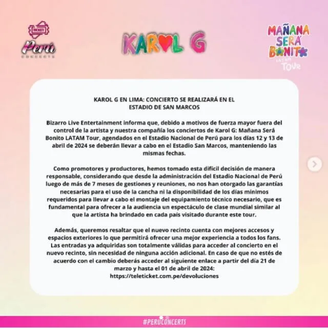 Karol G cambiará de escenario para su concierto en Lima.
