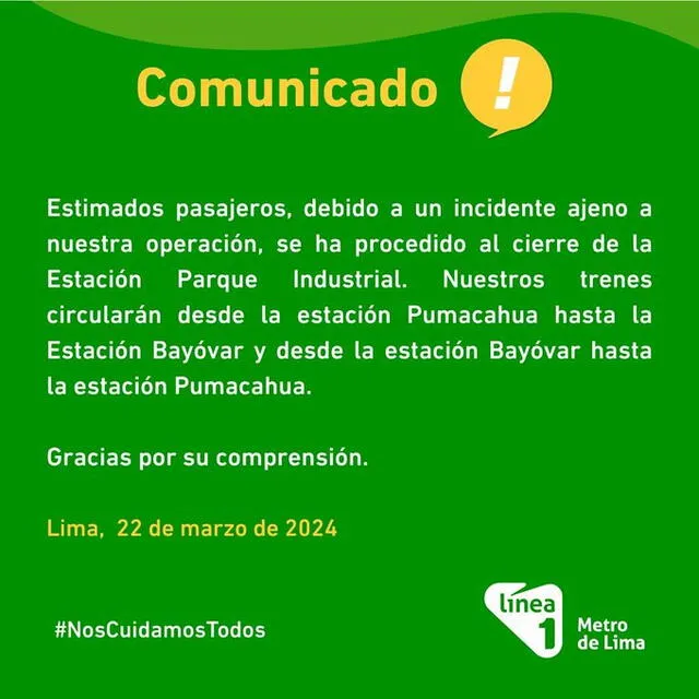 Línea 1 tilda de incidente lo que ocurrió en una estación. 