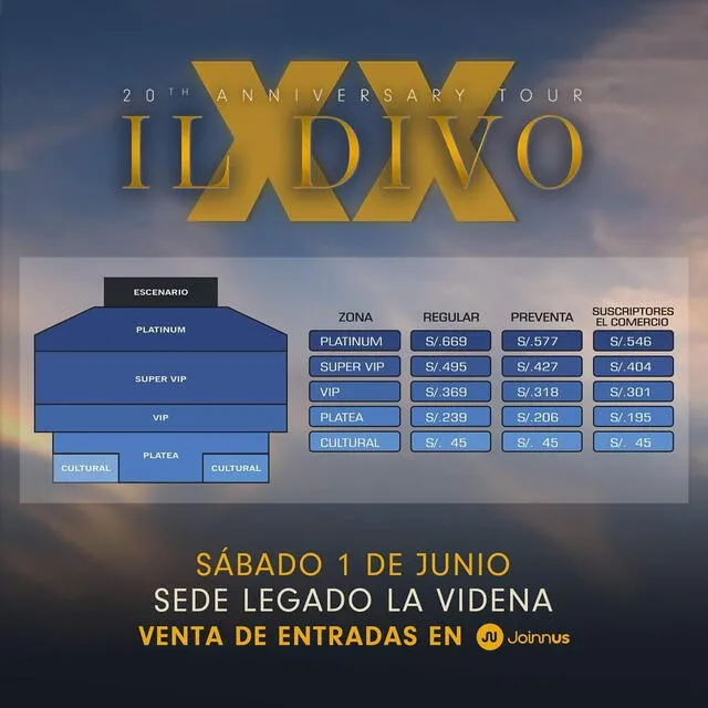 Lista completa de precios y zonas para el concierto de Il Divo en Lima.