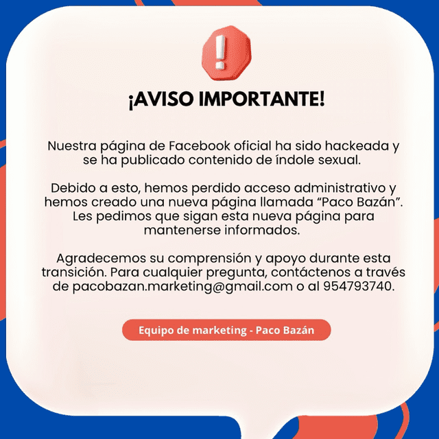 <em>Comunicado de Paco Bazán denunciando hackeo. Captura: Instagram</em>   